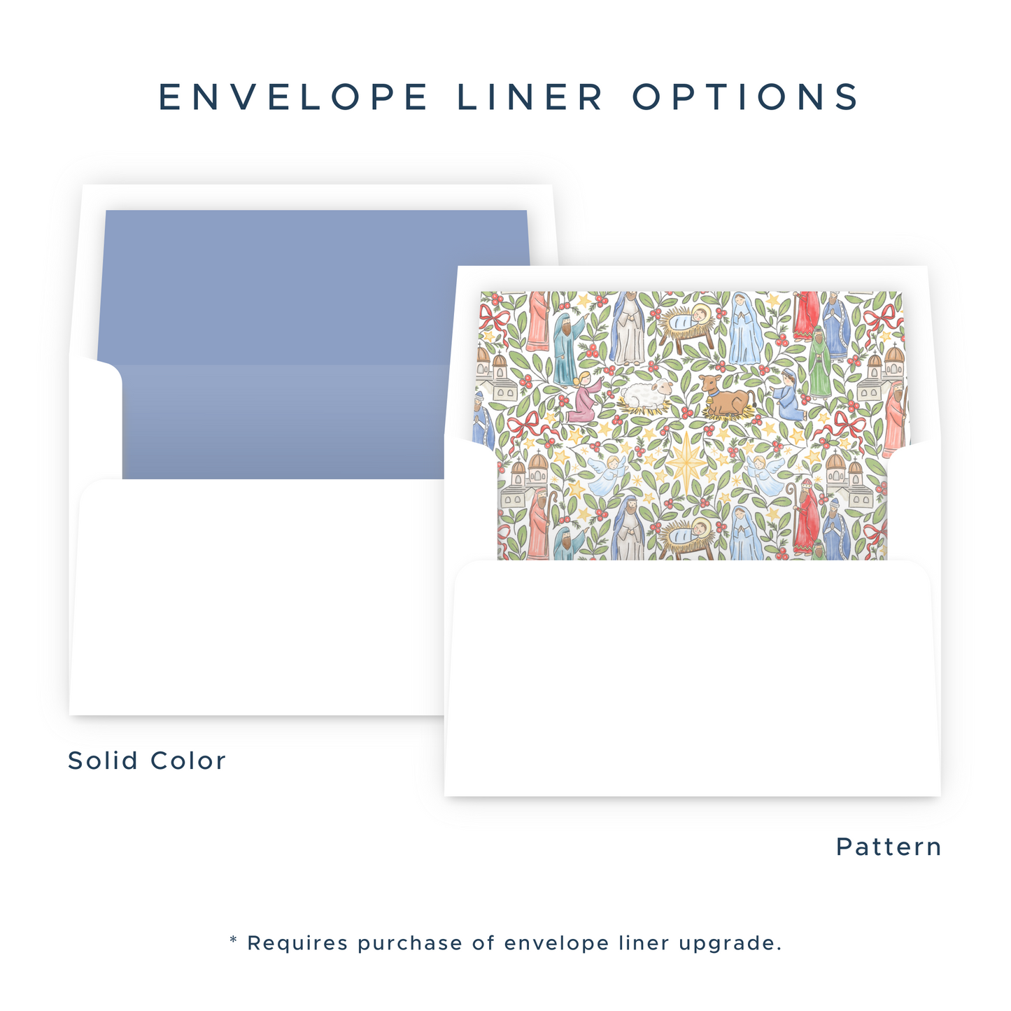 two different types of envelope liners, with one being solid color and the other featuring a pattern. The solid color liner is blue, while the patterned liner has a colorful design. The patterned liner requires a purchase of an envelope liner upgrade.