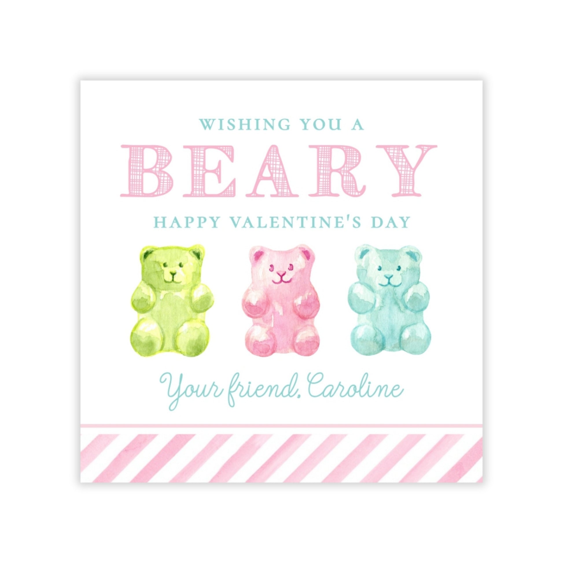 The image is a Valentine's Day card with a pink and green color scheme. It features three teddy bears in different colors - green, pink, and blue - arranged in a row. The card has a message wishing the recipient a "Beary" and a "Happy Valentine's Day" on Valentine's Day.