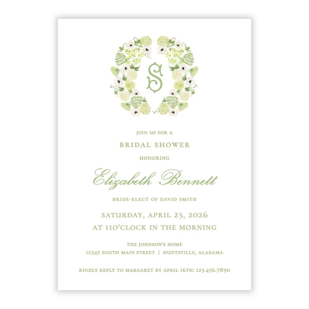 Limelight Hydrangea Bridal Shower Invitations (Monogram Wreath)