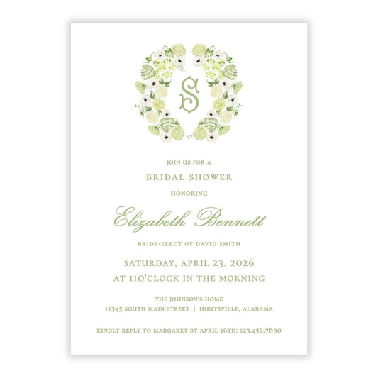 Limelight Hydrangea Bridal Shower Invitations (Monogram Wreath)