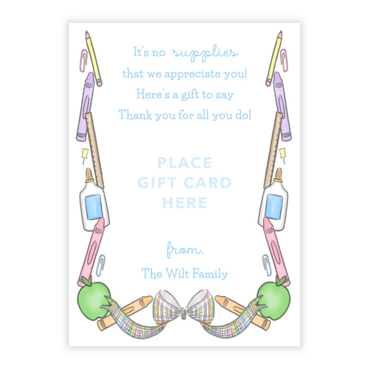 PRINTABLE Teacher Gift Card Holder - Pastel School Supplies, Blue