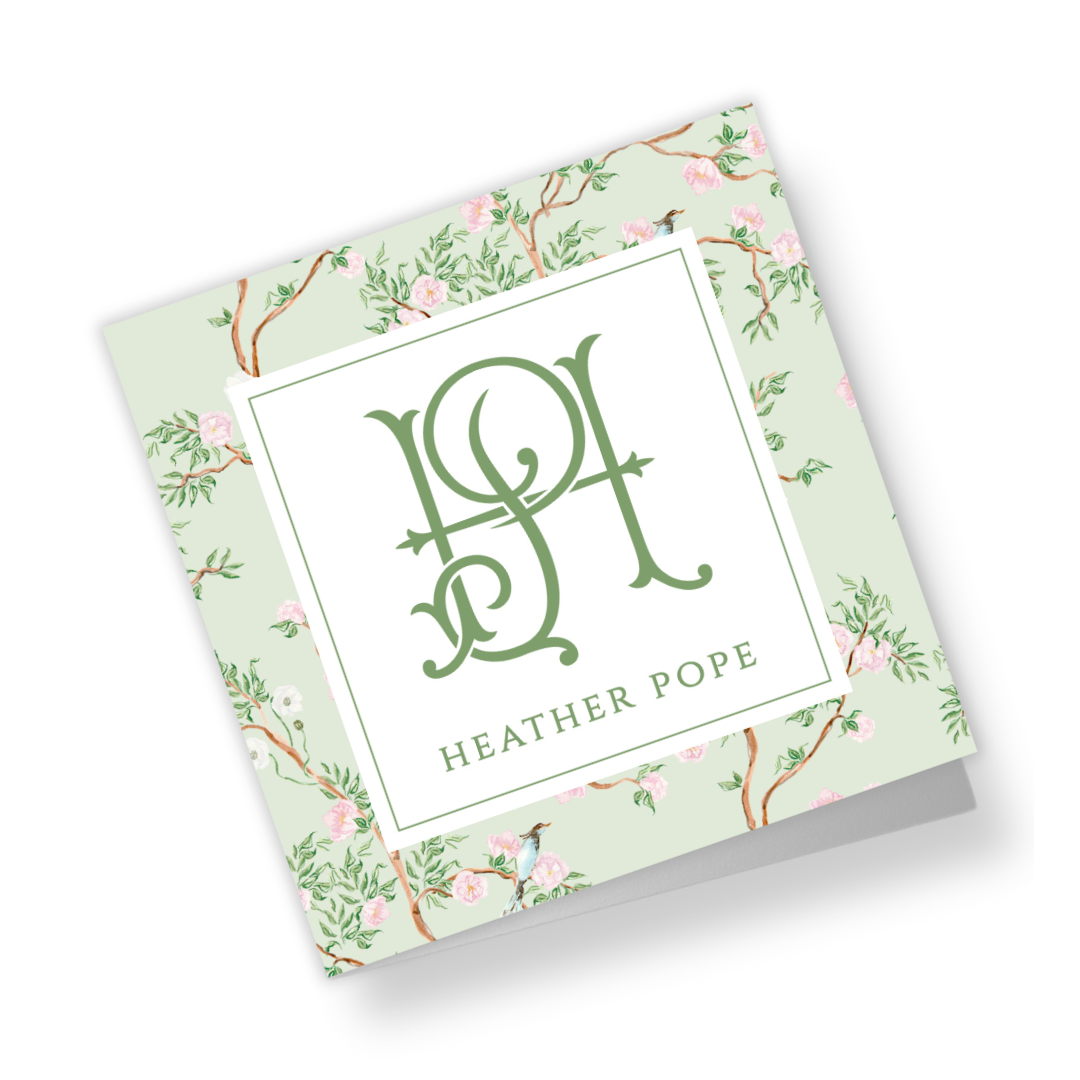 Spring Chinoiserie Green Personalized Folded Gift Tags with Envelopes