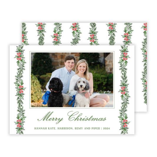 Christmas Photo Card - Holly Berry Greenery (Landscape)