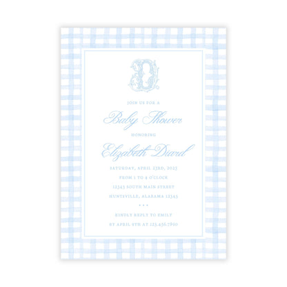Gingham Monogrammed Baby Shower Invitations - Blue