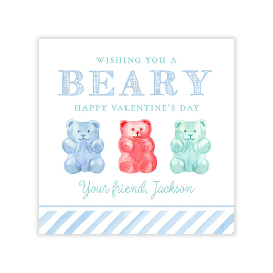 The image is a Valentine's Day card with a message wishing the recipient a "beary happy valentine's day". The card features three colorful teddy bear illustrations, each with a different color: blue, red, and green.