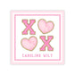 a pink and white design with the text "Caroline Wilt" and four heart-shaped letters "X" and "X" in the center.