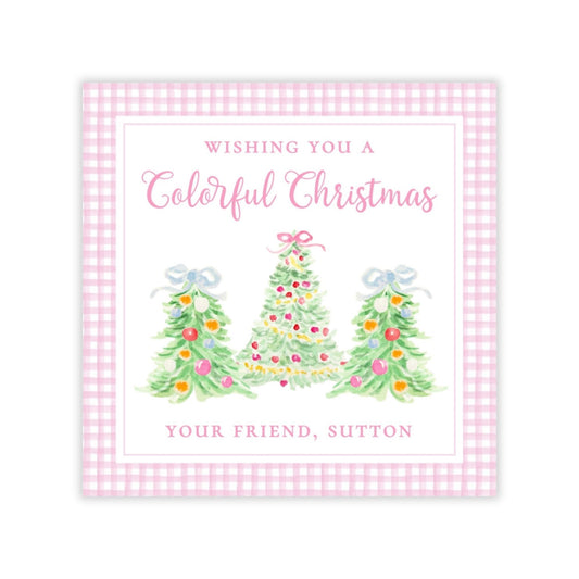 Holiday Gift Tags or Stickers for Kids - Colorful Christmas Trees (Pink)