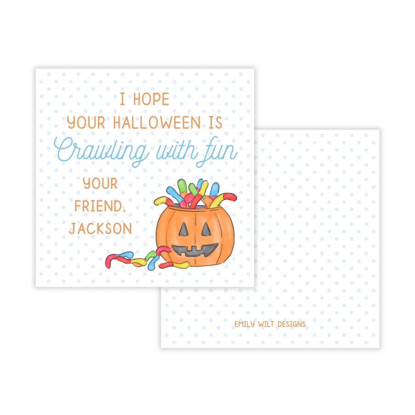 Kids Personalized Halloween Treat Tag - Gummy Worms (Blue)
