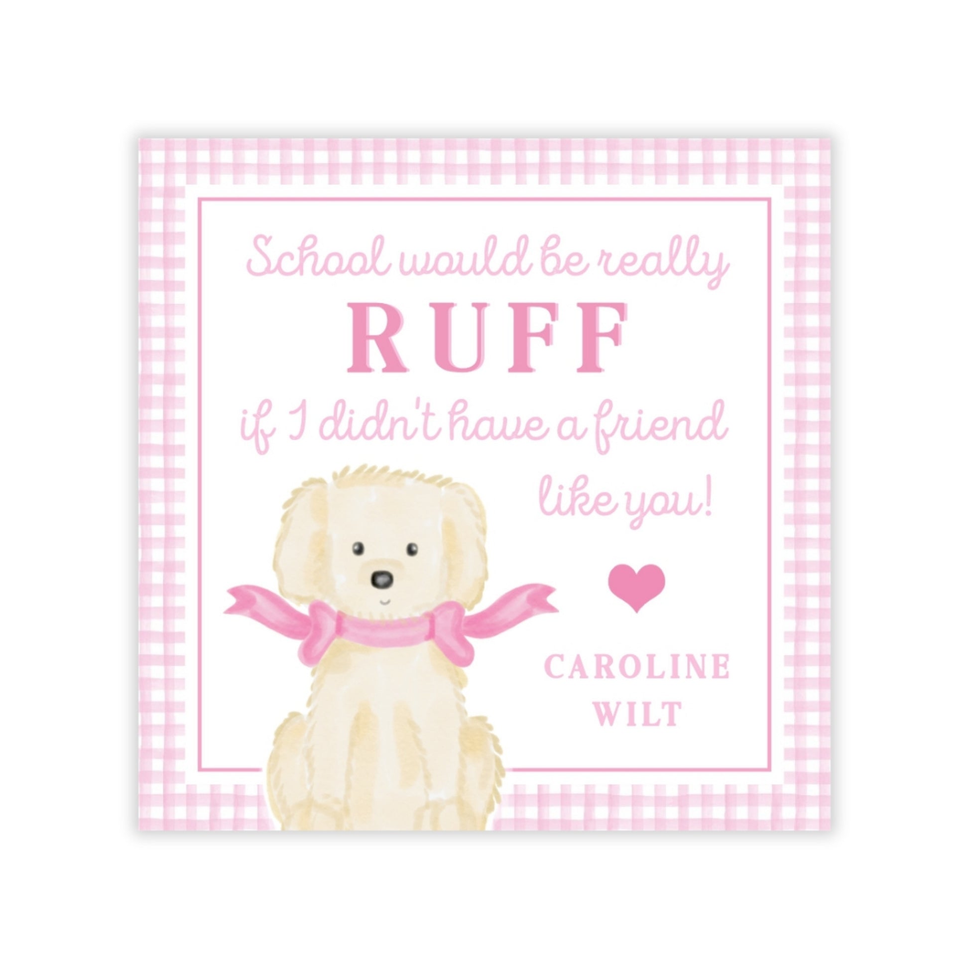 a cute white dog wearing a pink bow tie, with a pink heart symbol next to it.