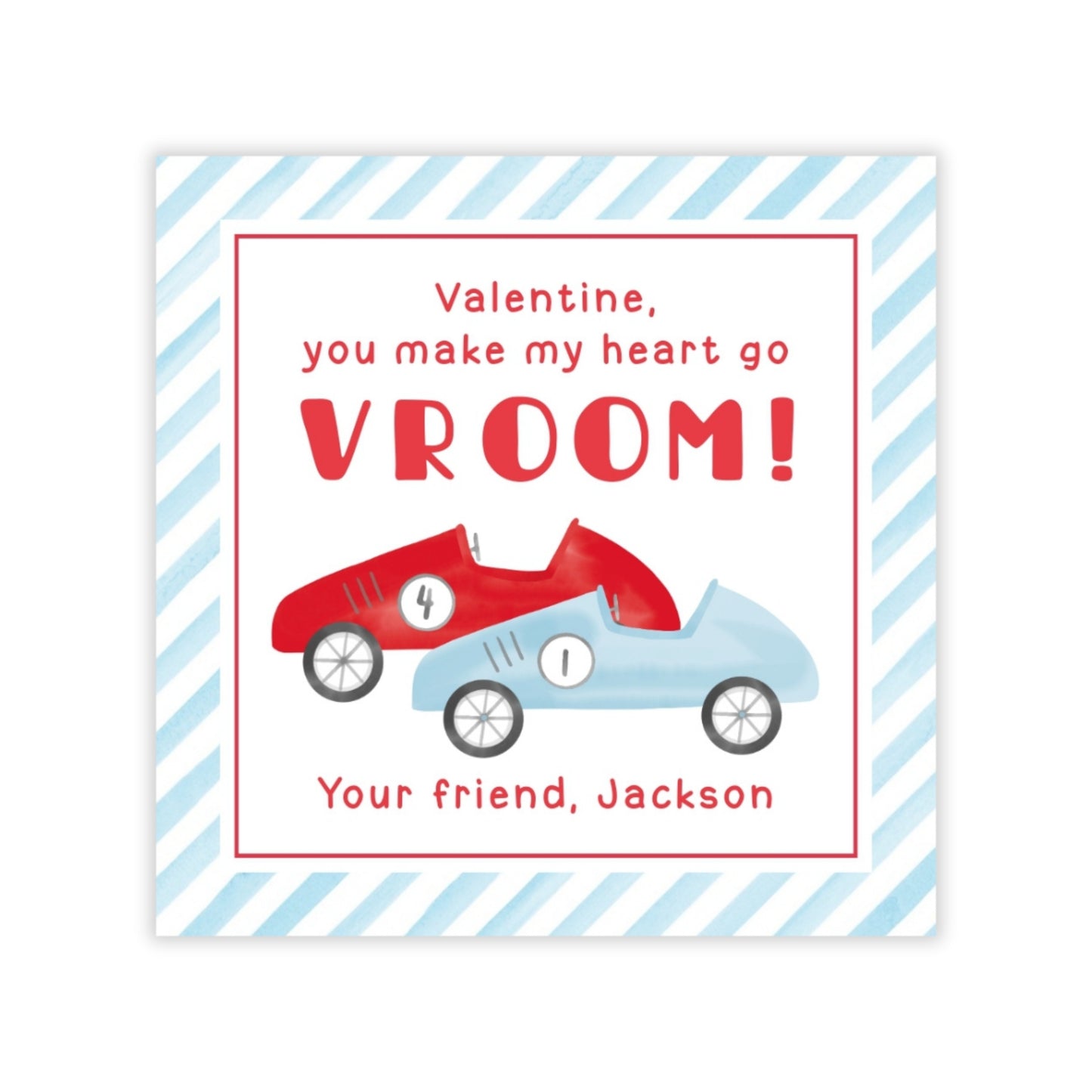The image is a Valentine's Day card with a racing car illustration. The card has a message that reads "Valentine, you make my heart go VROOM!" and includes the names "Your friend, Jackson".
