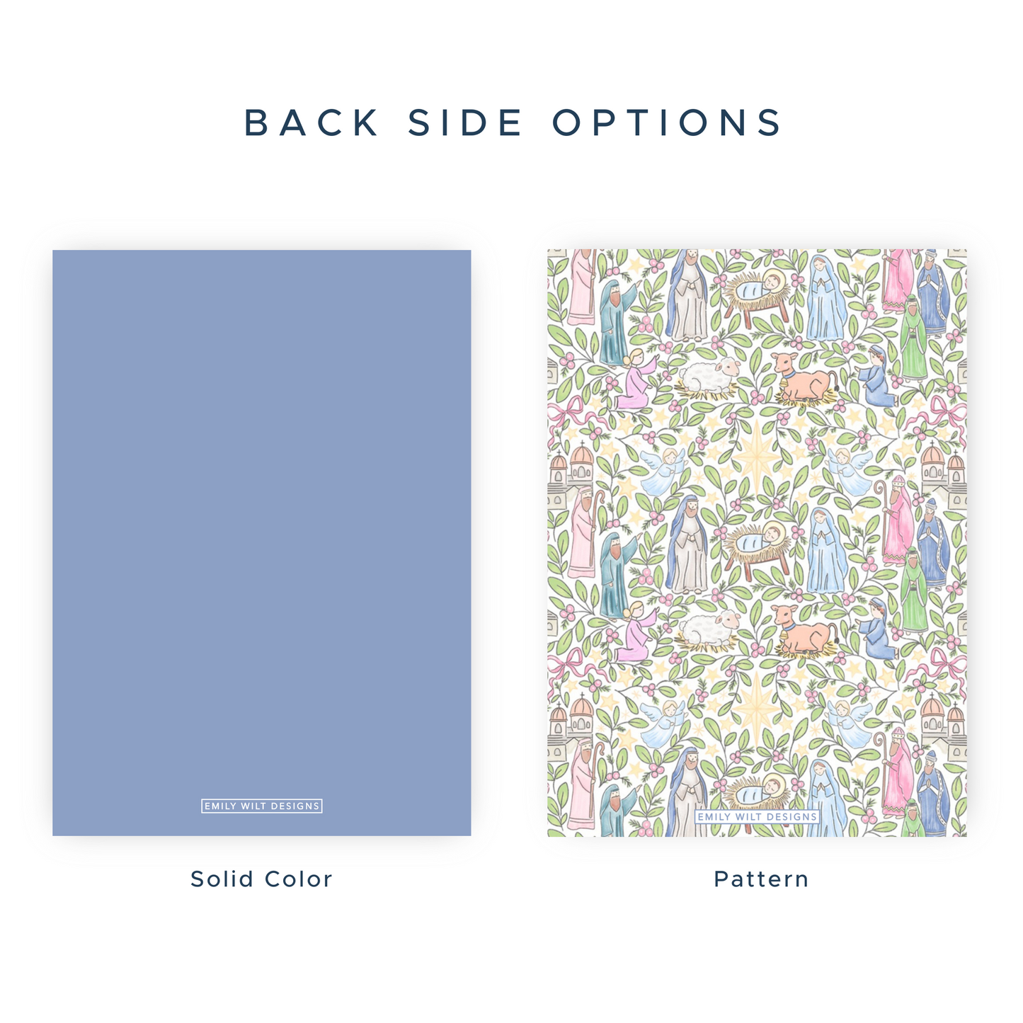 two different options for a notebook or journal cover. The first option is a solid color, while the second option is a patterned design featuring illustrations of people and nature.
