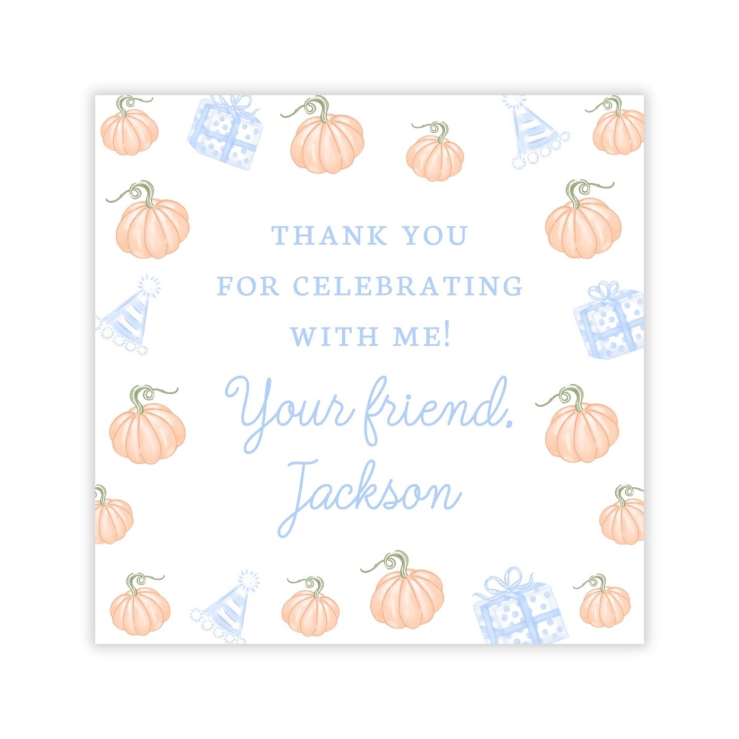 Kids Personalized Halloween Party Favor Tag - Pumpkins (Blue)