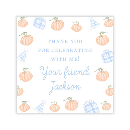 Kids Personalized Halloween Party Favor Tag - Pumpkins (Blue)
