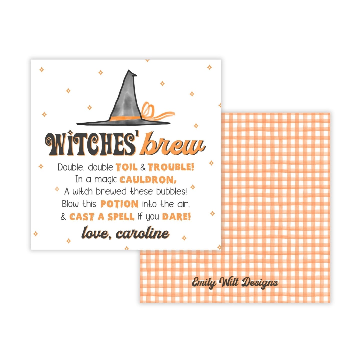 Kids Halloween Tags or Stickers - Witches Brew Bubbles (Orange)