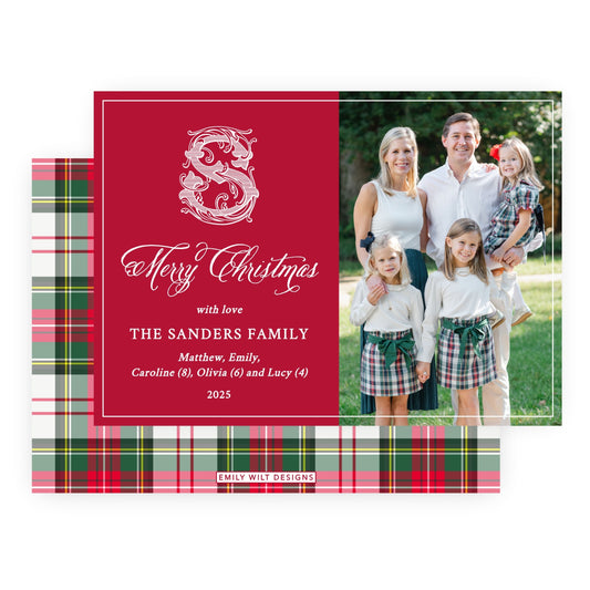 Christmas Photo Card - Tartan Monogram, Red