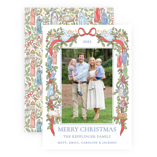 Christmas Photo Card - Festive Nativity Garland - Portrait