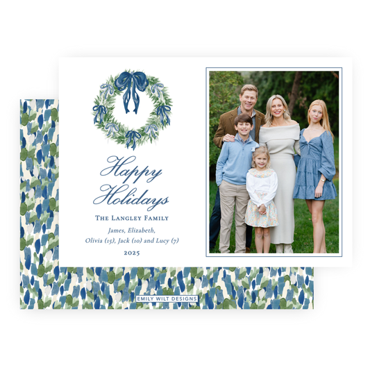 Christmas Photo Card - Tied with a Bow Decorated Wreath, Blue - Landscape