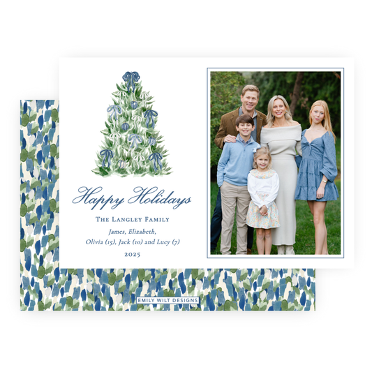 Christmas Photo Card - Tied with a Bow Tree, Blue - Landscape