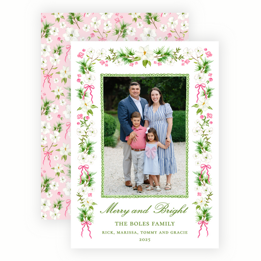Christmas Photo Card - Holiday Blossoms, Pink - Portrait