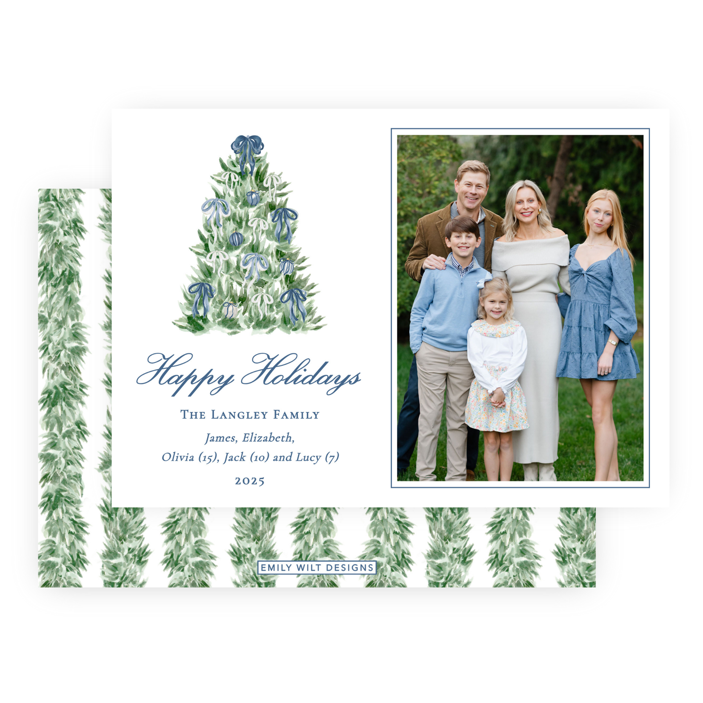 Christmas Photo Card - Tied with a Bow Tree, Blue - Landscape