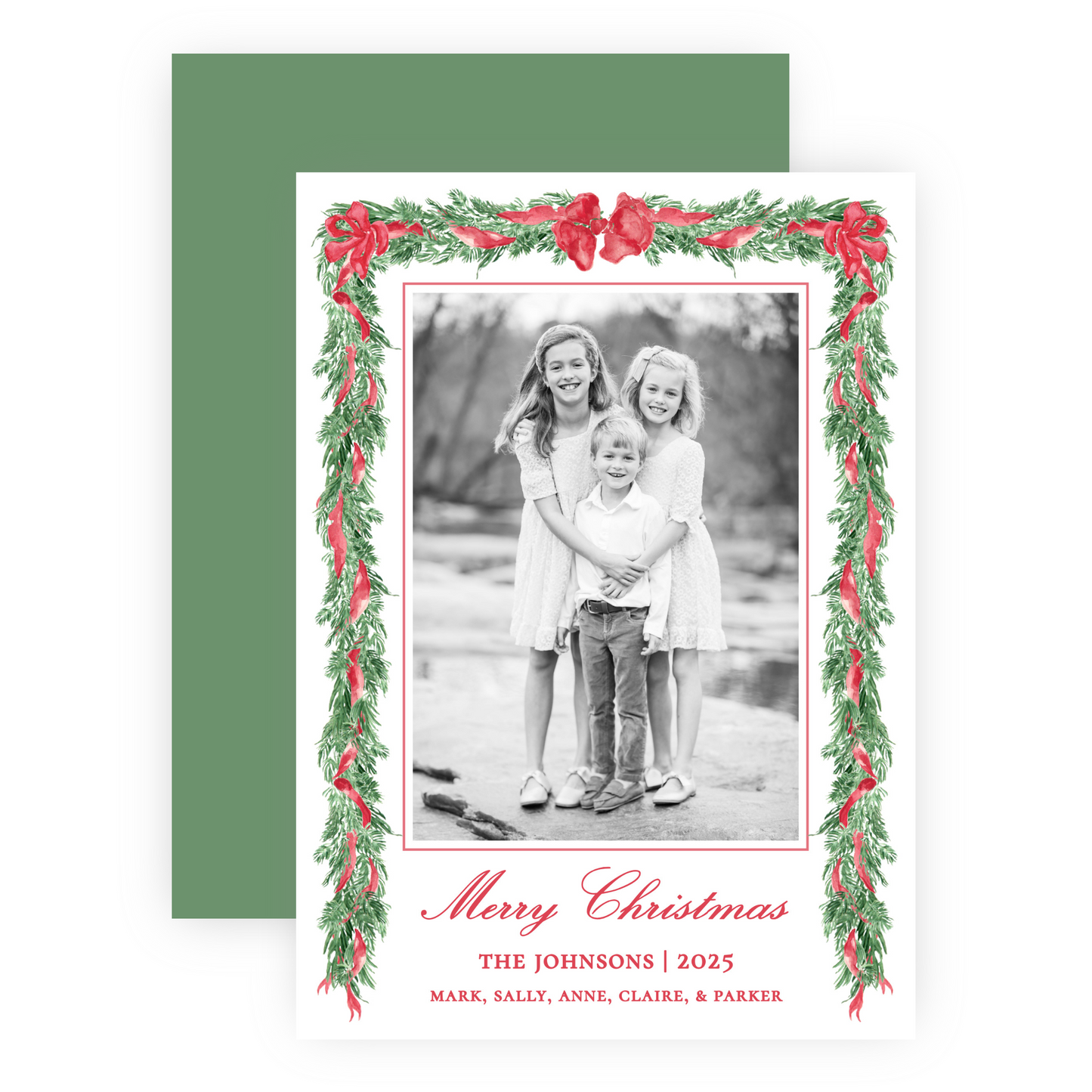 Christmas Photo Card - Big Bow Garland, Red (Portrait)