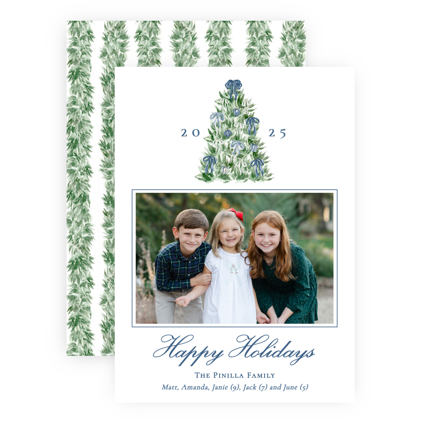 Christmas Photo Card - Tied with a Bow Tree, Blue - Portrait