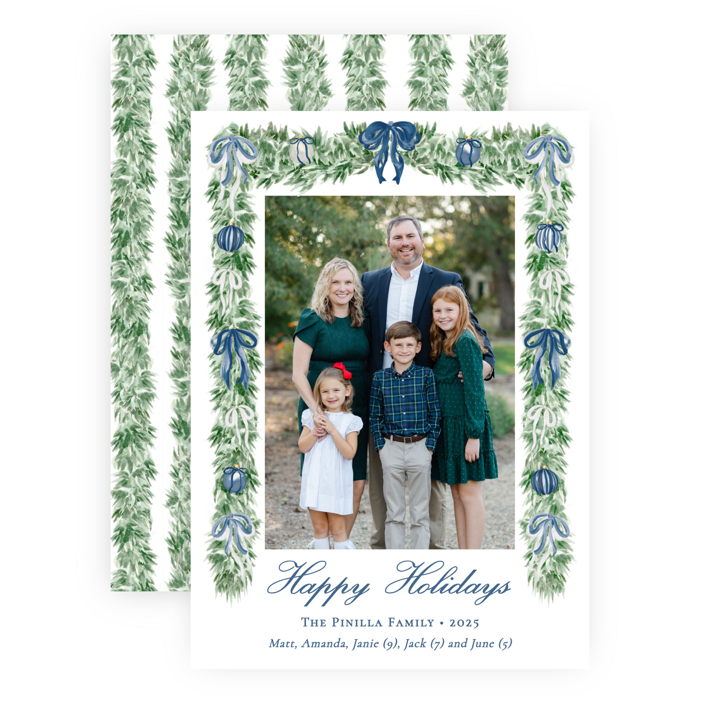 Christmas Photo Card - Tied with a Bow Garland, Blue - Portrait