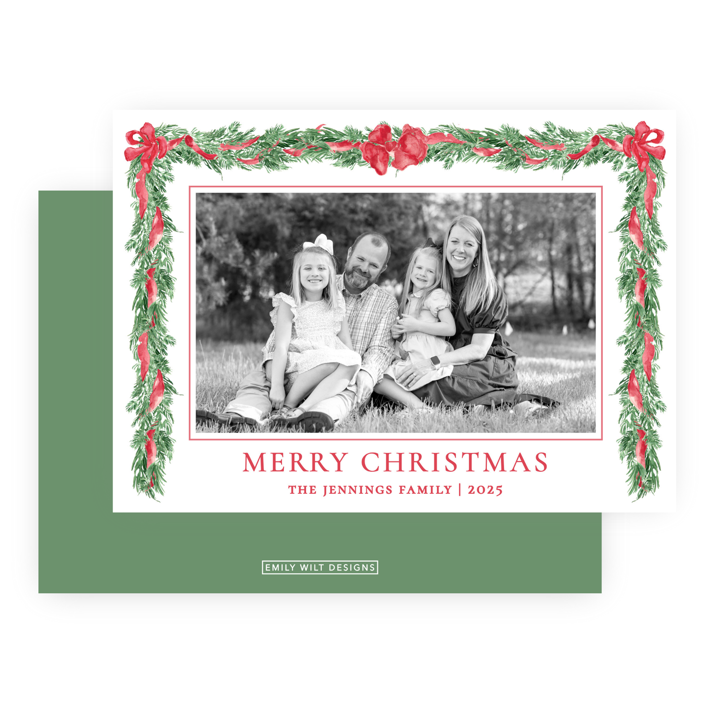 Christmas Photo Card - Big Bow Garland, Red (Portrait)