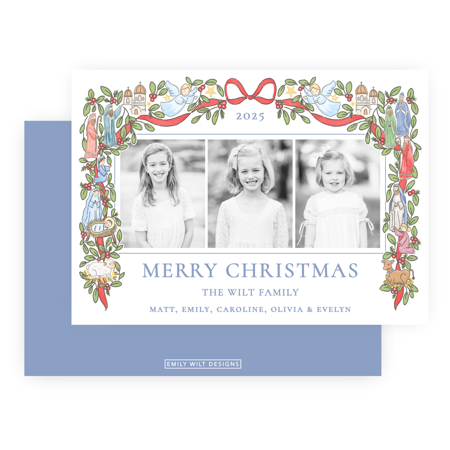 Christmas Photo Card - Festive Nativity Garland, 3 Photos - Landscape
