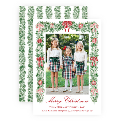 Christmas Photo Card - Tied with a Bow Garland - Portrait