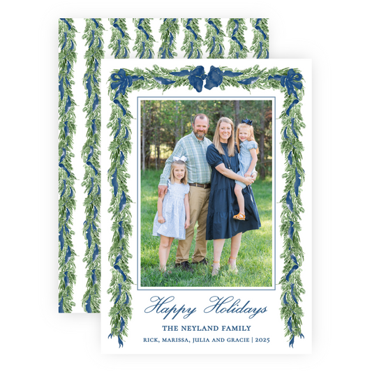 Christmas Photo Card - Big Bow Garland, Navy (Portrait)
