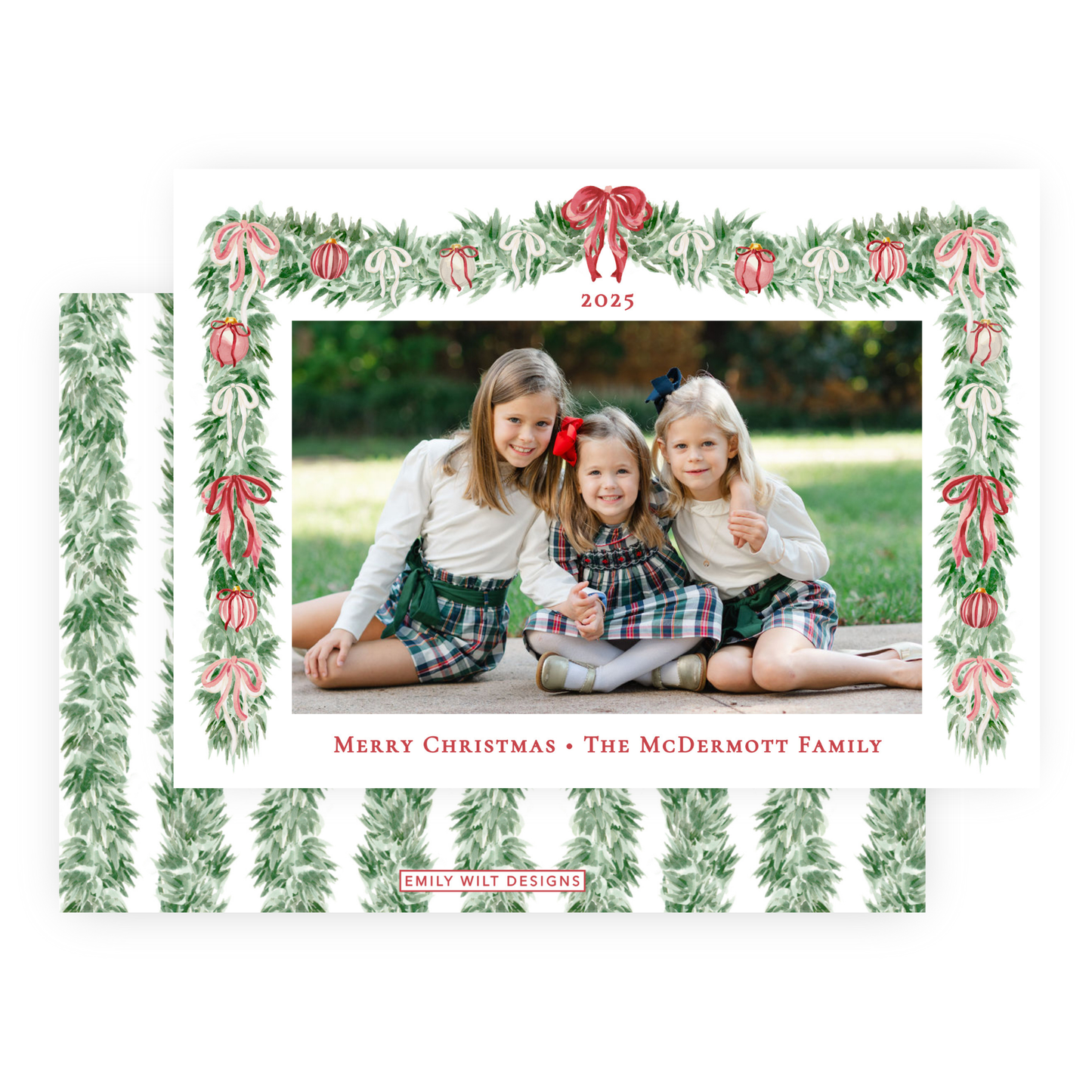Christmas Photo Card - Tied with a Bow Garland - Landscape
