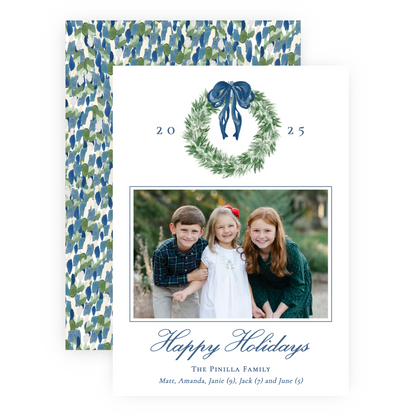 Christmas Photo Card - Tied with a Bow Wreath, Blue - Portrait