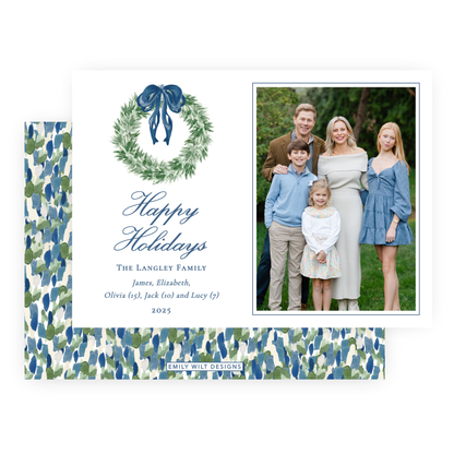 Christmas Photo Card - Tied with a Bow Wreath, Blue - Landscape