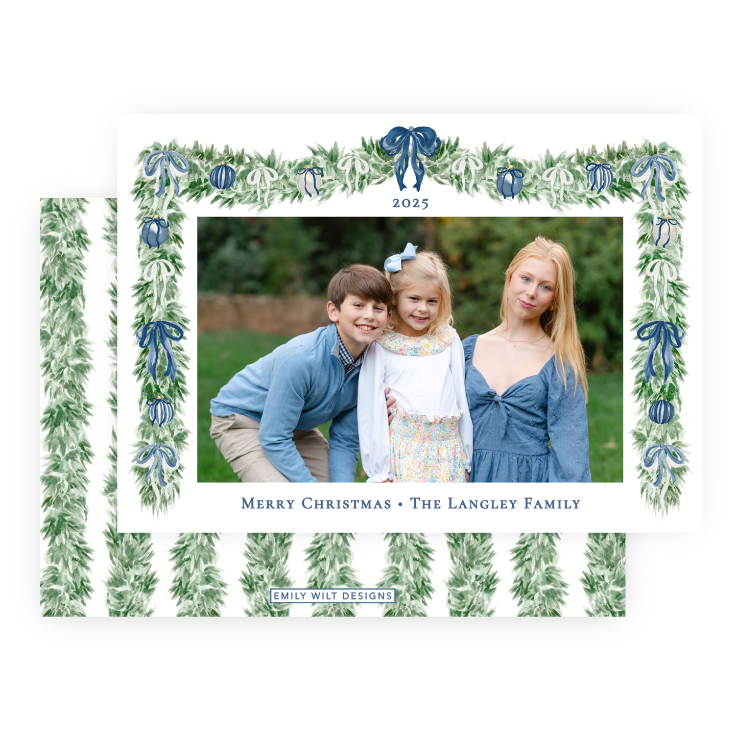 Christmas Photo Card - Tied with a Bow Garland, Blue - Landscape