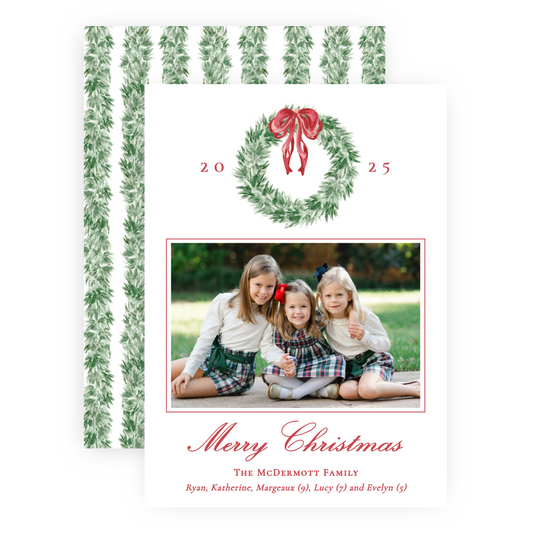 Christmas Photo Card - Tied with a Bow Wreath - Portrait