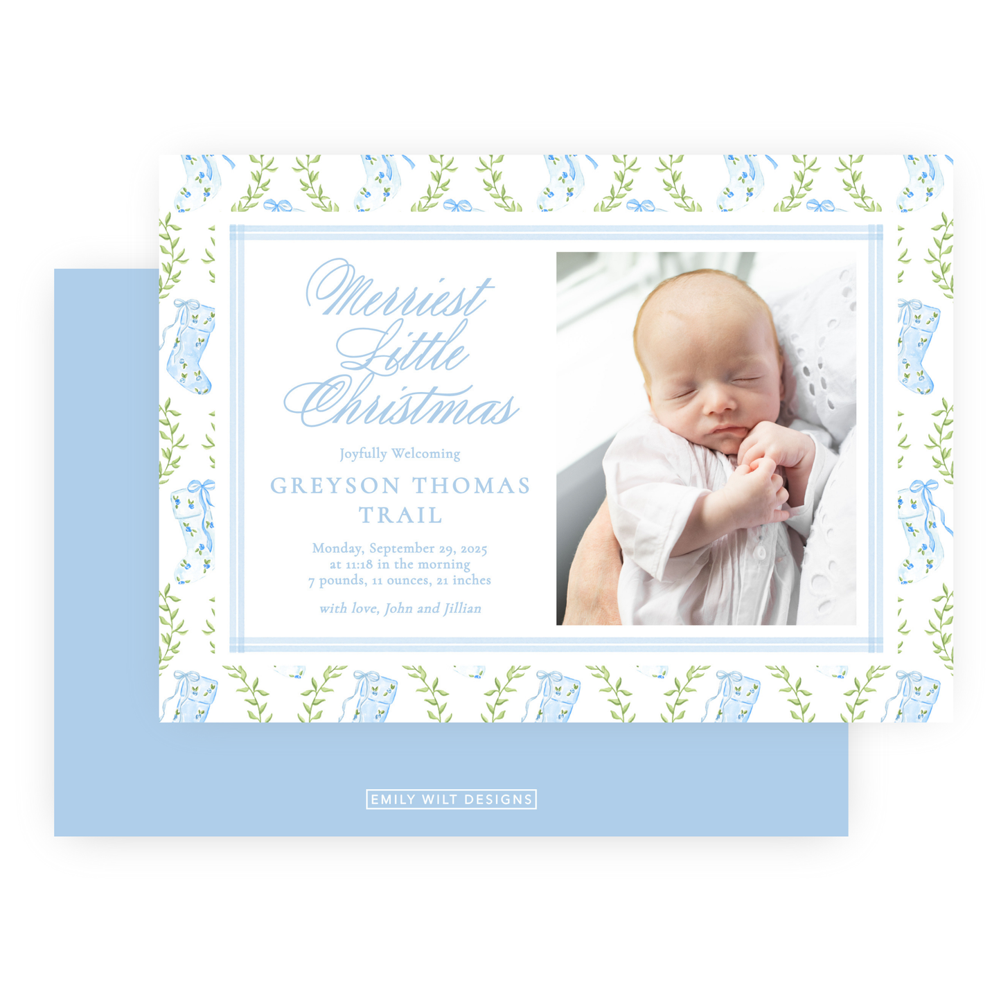 Christmas Photo Card - Delicate Stockings, Blue - Landscape - Birth Announcement