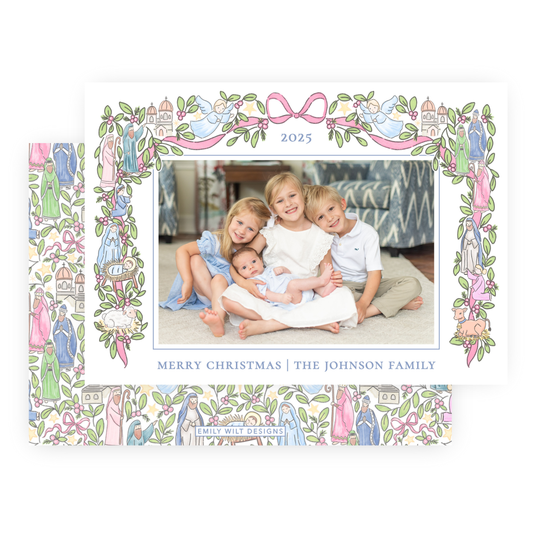 Christmas Photo Card - Festive Nativity Garland (Pastel) - Landscape