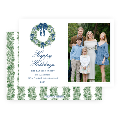 Christmas Photo Card - Tied with a Bow Decorated Wreath, Blue - Landscape