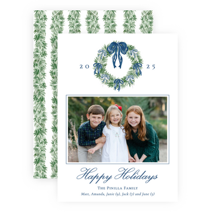 Christmas Photo Card - Tied with a Bow Decorated Wreath, Blue - Portrait