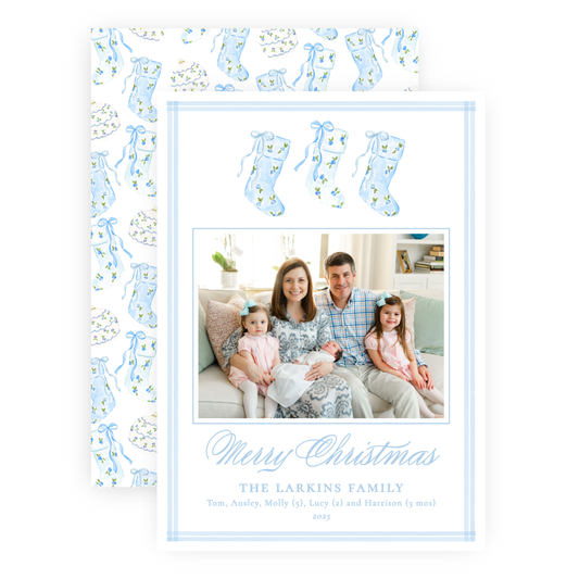 Christmas Photo Card - Delicate Stockings Trio, Blue - Portrait