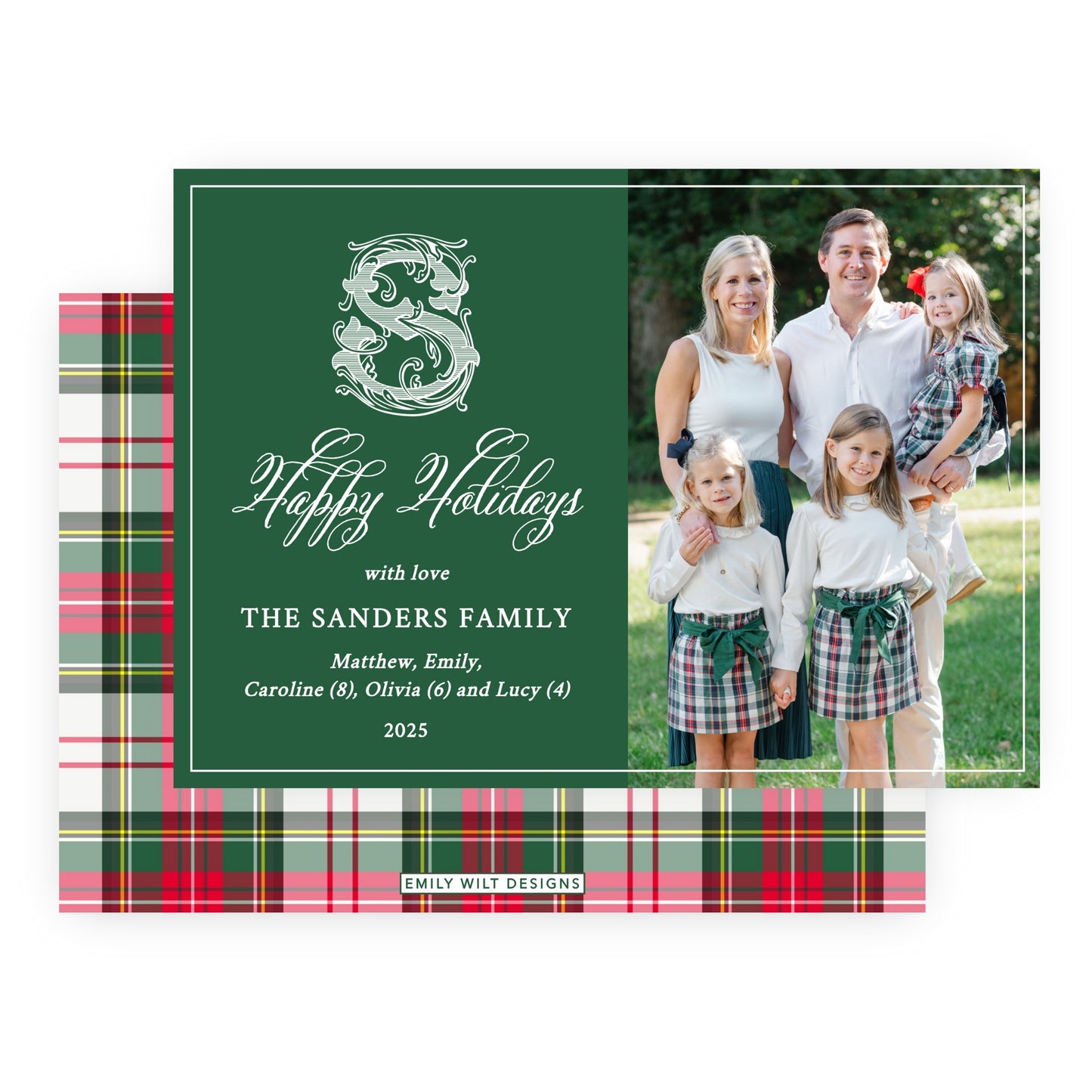 Christmas Photo Card - Tartan Monogram, Green