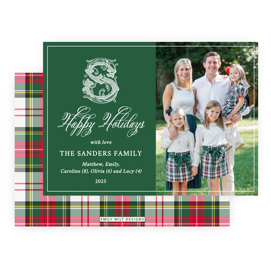 Christmas Photo Card - Tartan Monogram, Green