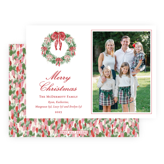 Christmas Photo Card - Tied with a Bow Decorated Wreath - Landscape
