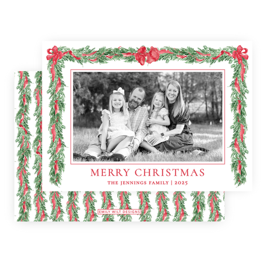 Christmas Photo Card - Big Bow Garland, Red (Portrait)