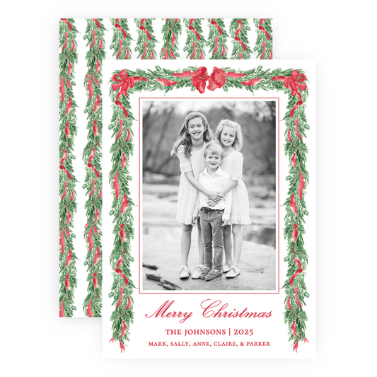 Christmas Photo Card - Big Bow Garland, Red (Portrait)