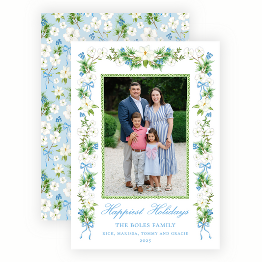 Christmas Photo Card - Holiday Blossoms, Light Blue - Portrait