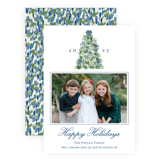 Christmas Photo Card - Tied with a Bow Tree, Blue - Portrait