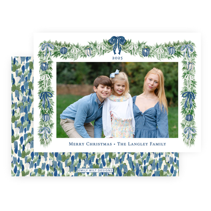 Christmas Photo Card - Tied with a Bow Garland, Blue - Landscape