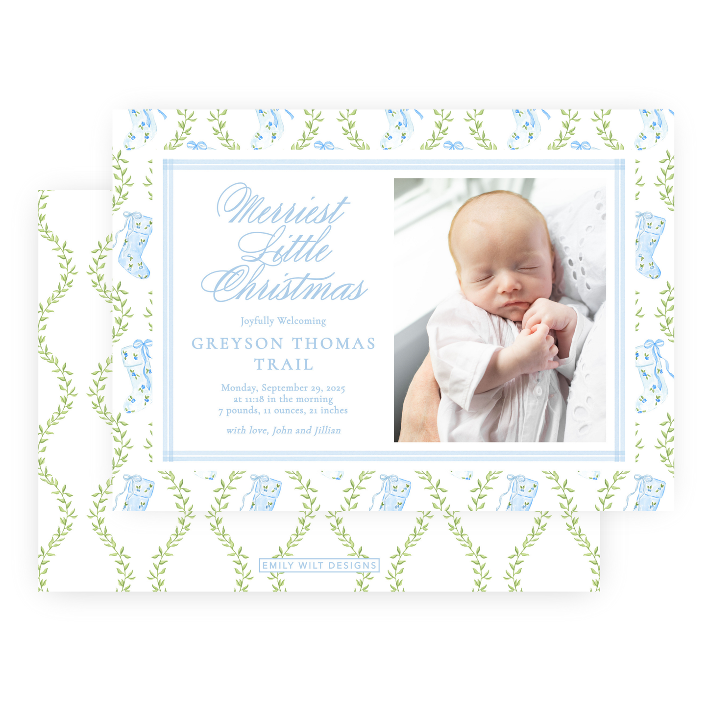 Christmas Photo Card - Delicate Stockings, Blue - Landscape - Birth Announcement